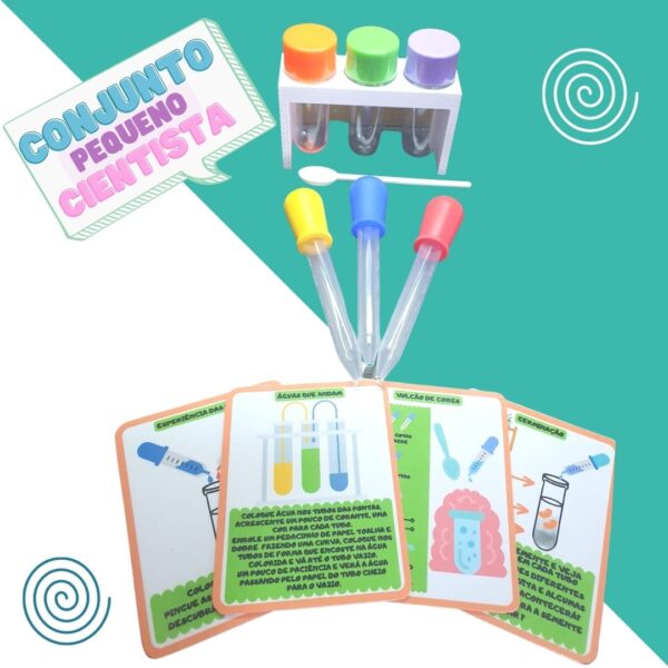 Conjunto pequeno cientista 3 conta gotas, 3 tubos, suporte, colher e cards