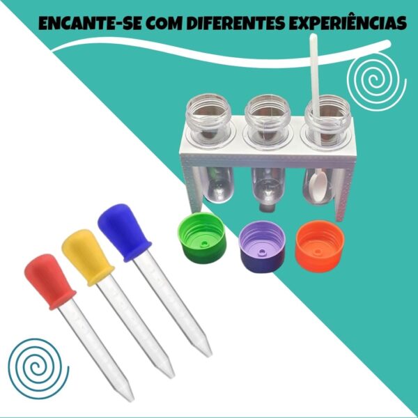 Conjunto pequeno cientista 3 conta gotas, 3 tubos, suporte, colher e cards - Imagem 2
