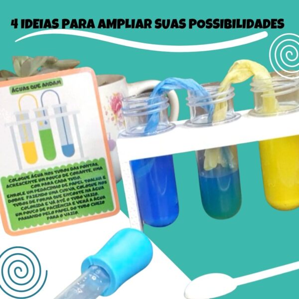 Conjunto pequeno cientista 3 conta gotas, 3 tubos, suporte, colher e cards - Imagem 5
