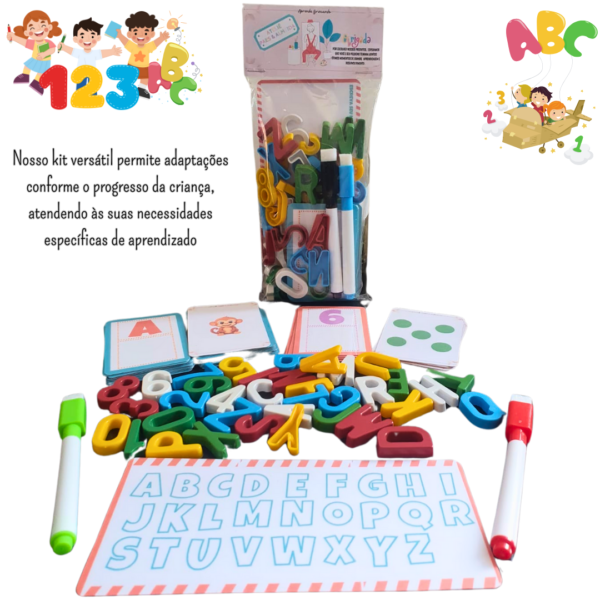 Kit Alfabetização Divertida Pareamento, Alfabeto e Números móveis, escreva e apague, ilustrações e quantidades - 38 cards, 2 canetas e 36 letras e números móveis