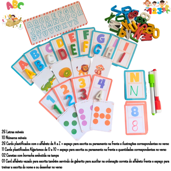 Kit Alfabetização Divertida Pareamento, Alfabeto e Números móveis, escreva e apague, ilustrações e quantidades - 38 cards, 2 canetas e 36 letras e números móveis - Imagem 2