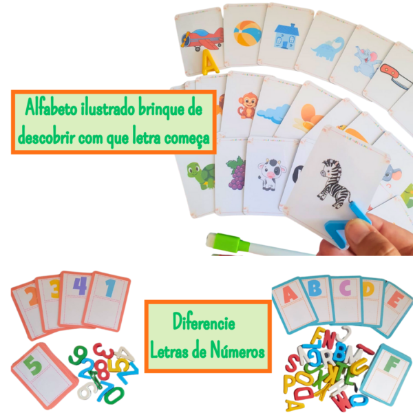 Kit Alfabetização Divertida Pareamento, Alfabeto e Números móveis, escreva e apague, ilustrações e quantidades - 38 cards, 2 canetas e 36 letras e números móveis - Imagem 5