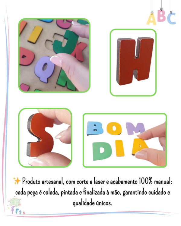 Alfabeto Artesanal de Encaixe em Madeira – Letras Bastão Coloridas | Educativo, Sensorial e Lúdico - Imagem 5